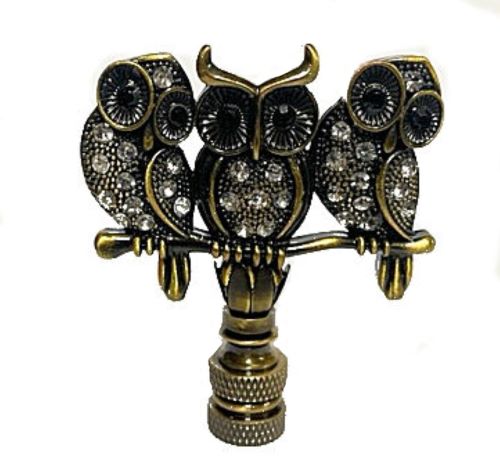 3 OWL LAMP SHADE FINIAL ANTIQUE BRASS W/CRYSTAL BEADS 1/4-27 THREAD